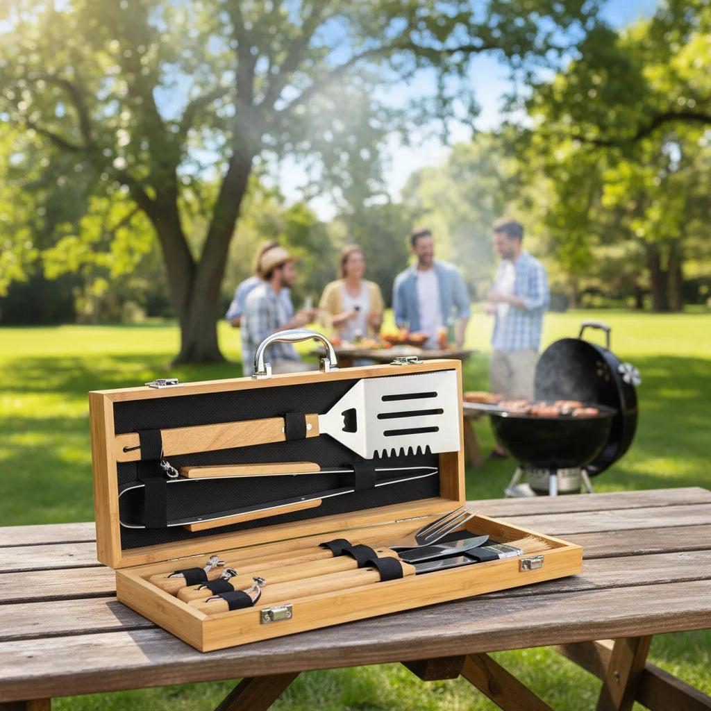 Wood Handle BBQ Tool Kit | 6-Piece Grilling Set