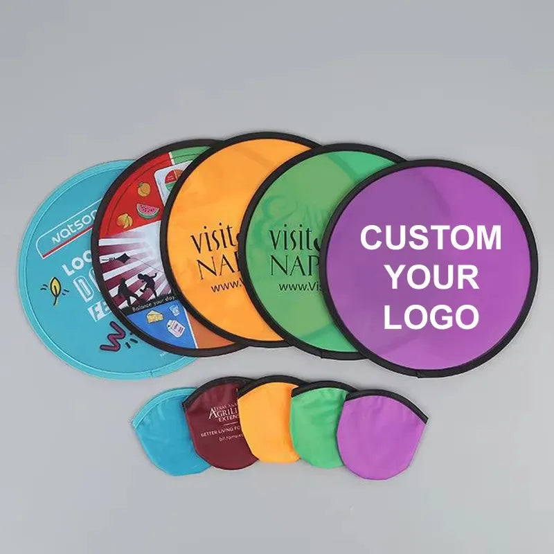 Plastic Film Custom Printed Soft Pet Flying Disc Round Nylon Hand Folding Fan with Pouch