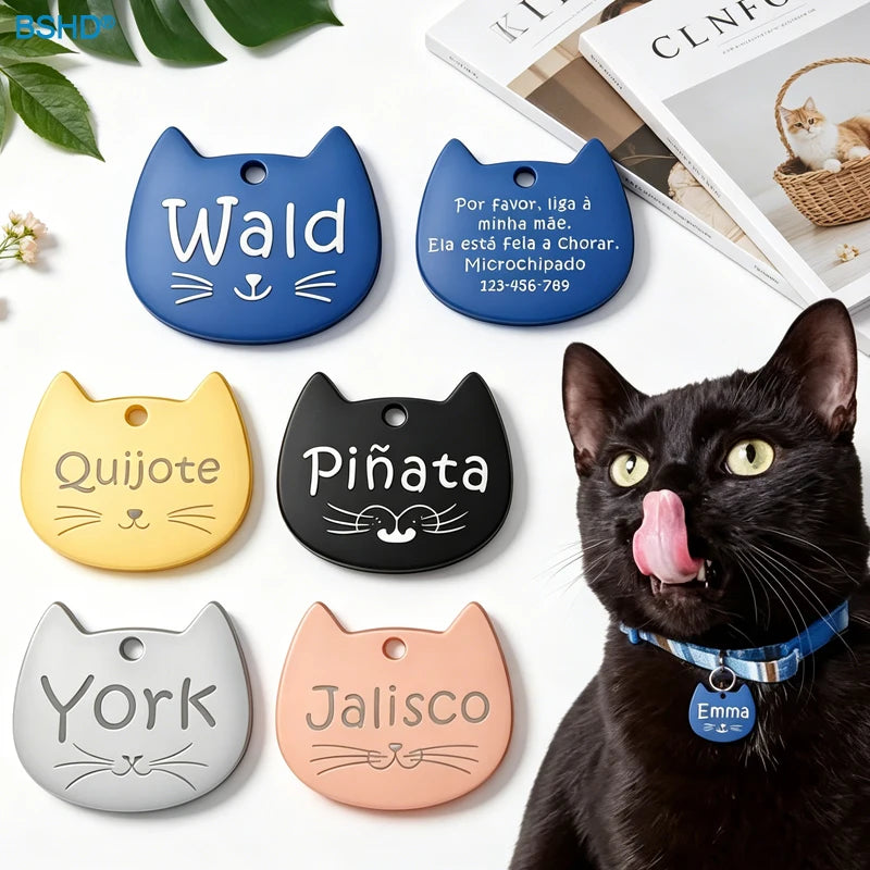 Custom Cat Face Stainless Steel ID Tag | Personalized Engraved Pet Name Tag