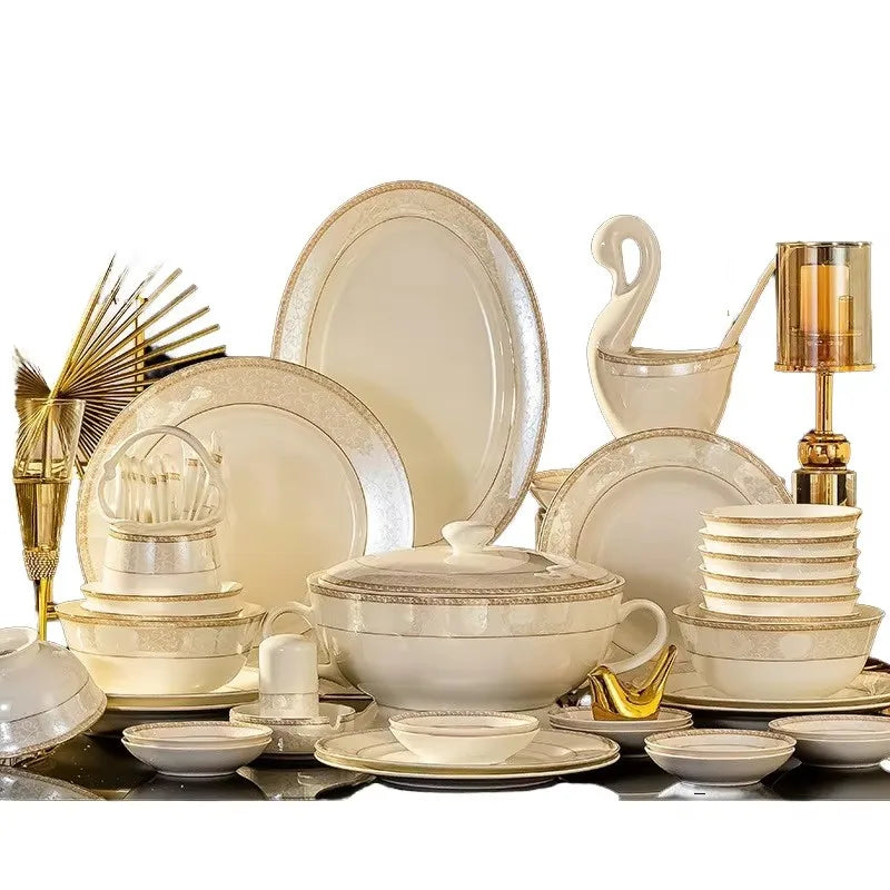 24pcs Embossed Gold Porcelain Tableware Set | Luxury Bone China